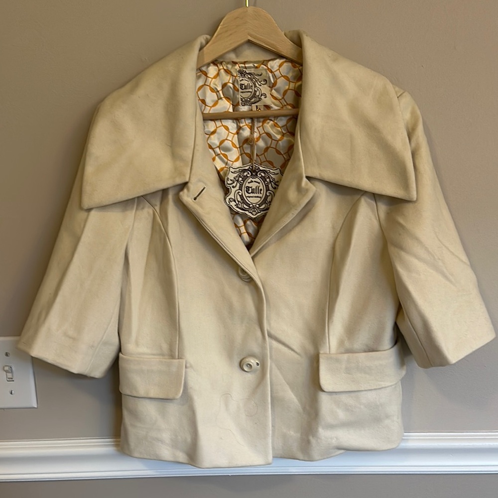 Tulle Cream Wool & Viscose with Wide Collar and 3/4 Sleeves Short Coat